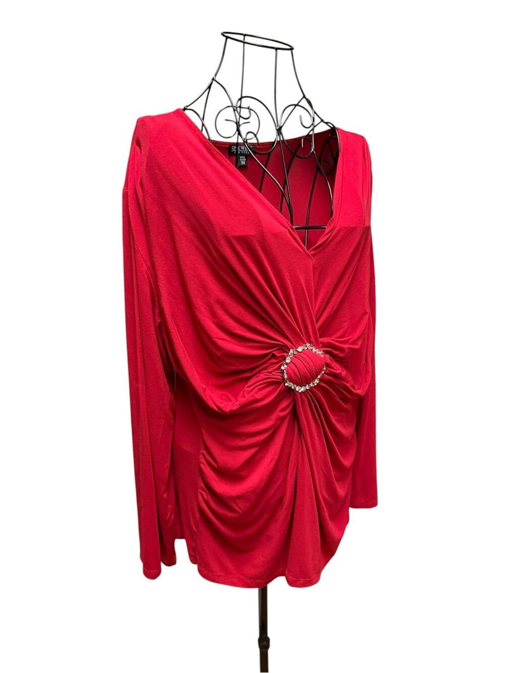 ONE WEST Red Long-Sleeve Twist Front Top with Decorative Ring 3X